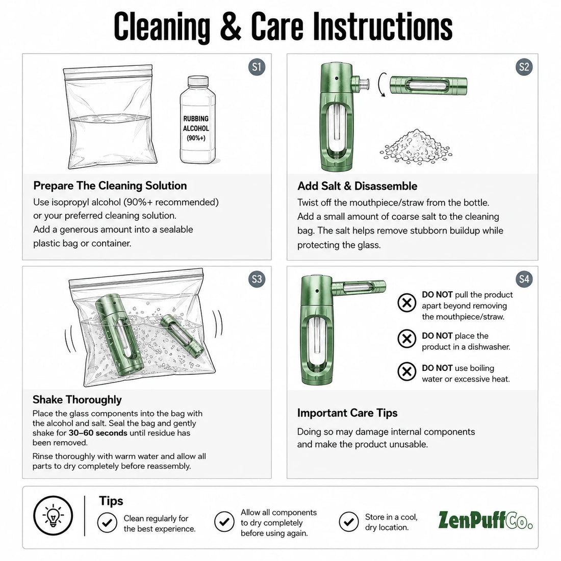 ZenPuff cleaning and care instructions: prepare the solution, add salt and disassemble, shake thoroughly, and important care tips