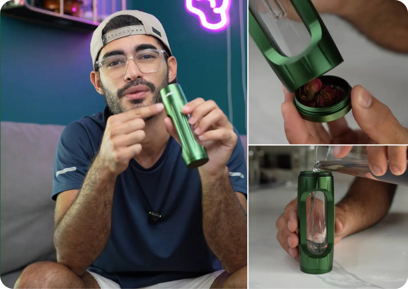 Man in a cap holding a green ZenPuff beside two detail shots