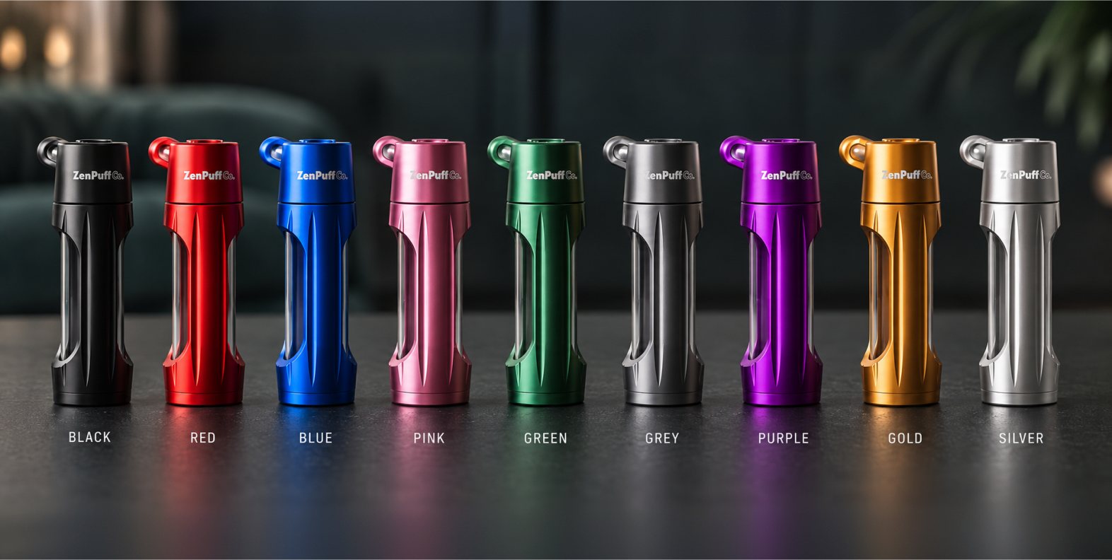 ZenPuff in black, red, blue, pink, green, grey, purple, gold and silver